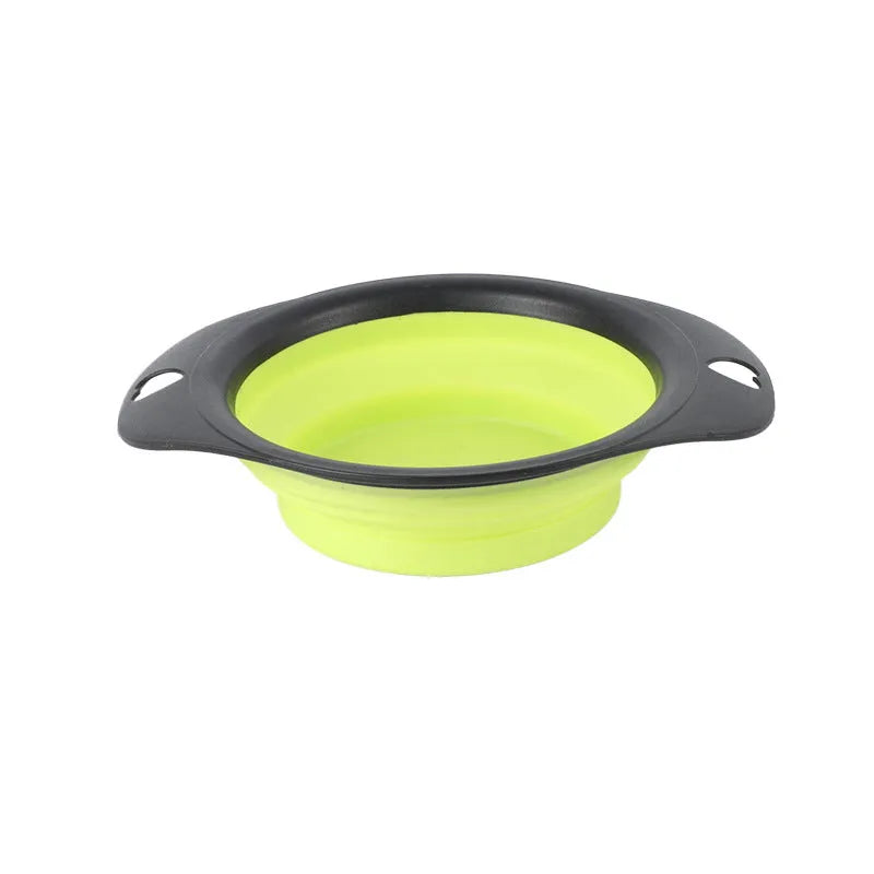 Silicone folding pet bowl in collapsed and open state for outdoor use, available in black and green