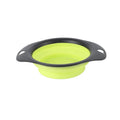 Silicone folding pet bowl in collapsed and open state for outdoor use, available in black and green