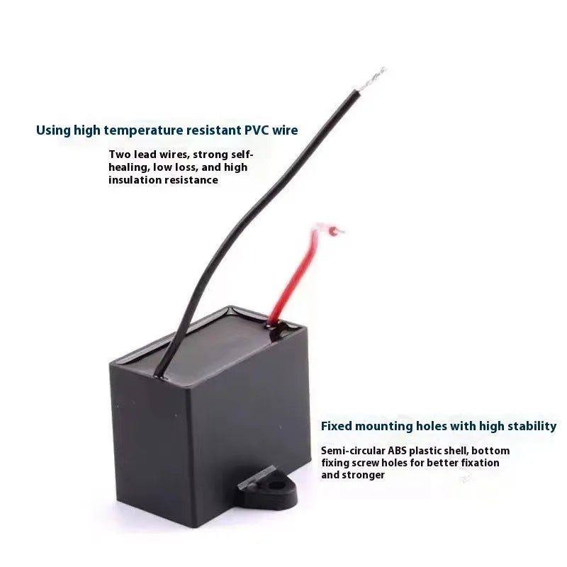Universal electric fan capacitor 1.5µF 450V AC with PBD flame-retardant plastic shell and alloy construction