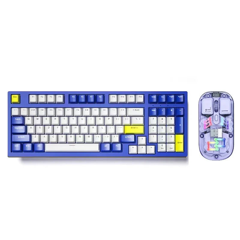 Custom mechanical keyboard and wireless mouse in selected colour option with backlight illumination.