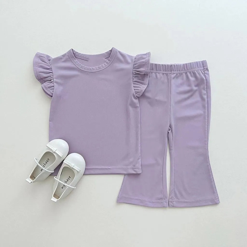 Girls' simple two-piece suit in solid colour cotton with top and pants, available in purple