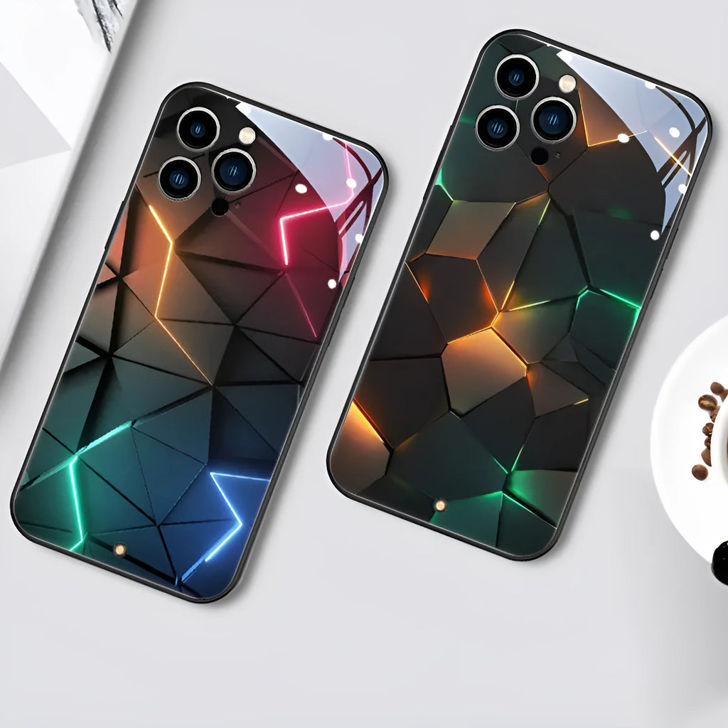 Xpress 14 iPhone case with flashing LED light and clear tempered glass back on a phone.
