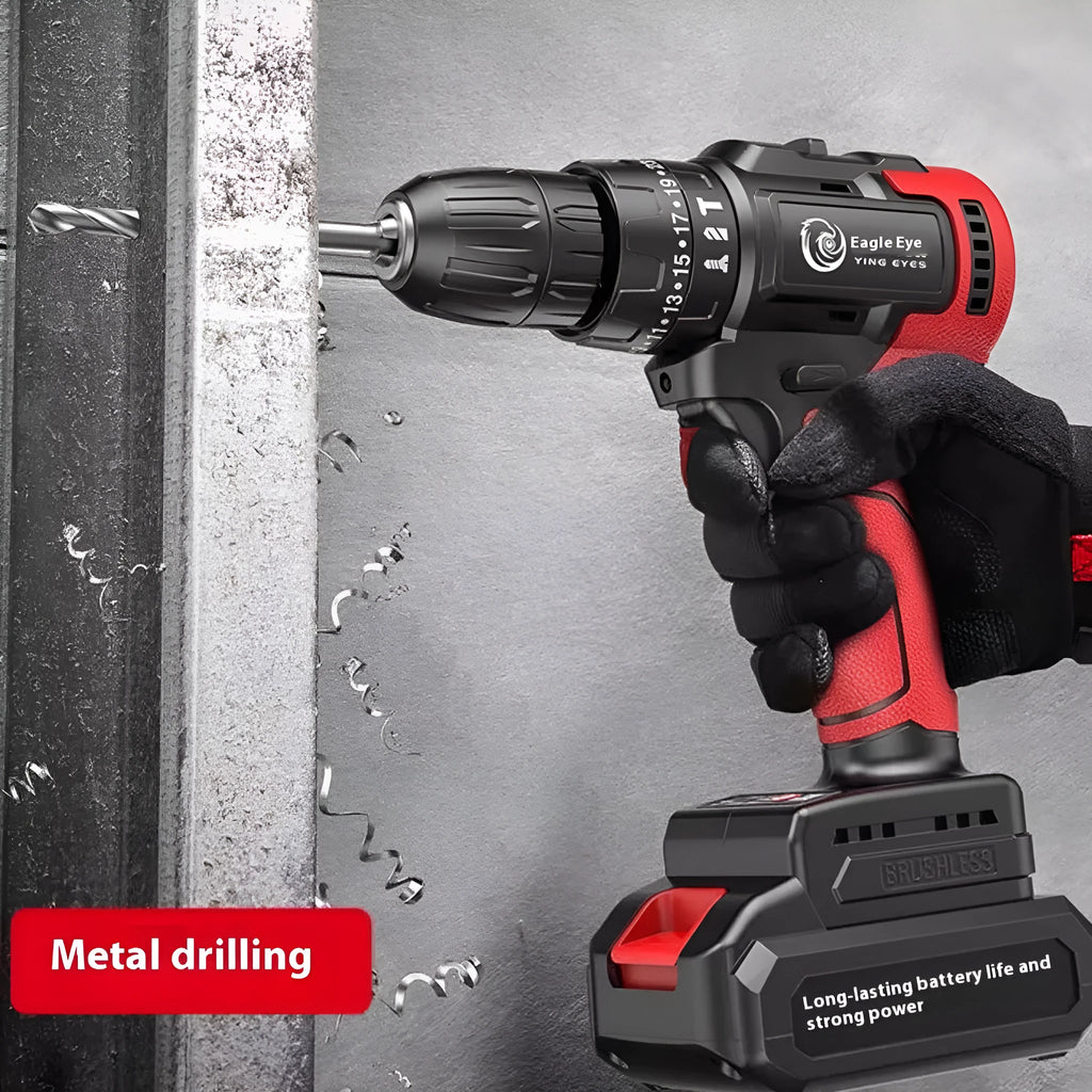 Brushless electric drill with 10mm chuck, 21V rechargeable battery, and impact function on white background