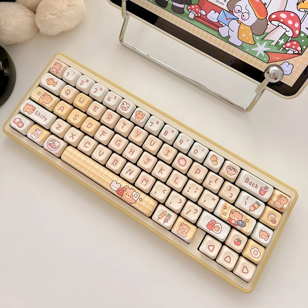 Rabbit Bear Restaurant themed PBT plastic keycap set with 140 pieces in EOA height profile.