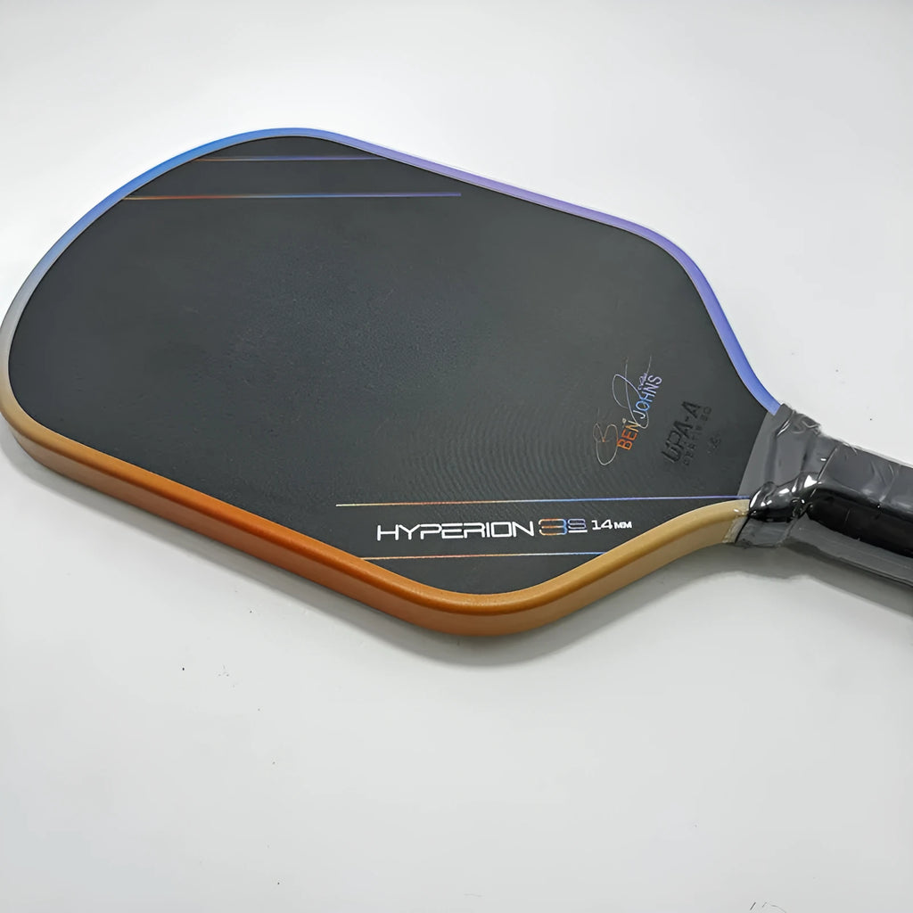 Colour pattern matte finish pickleball racket with T700 carbon fiber construction and honeycomb core.