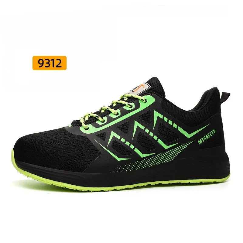 Ultra-light black steel toe safety boots with flat knitted uppers and lace-up front.