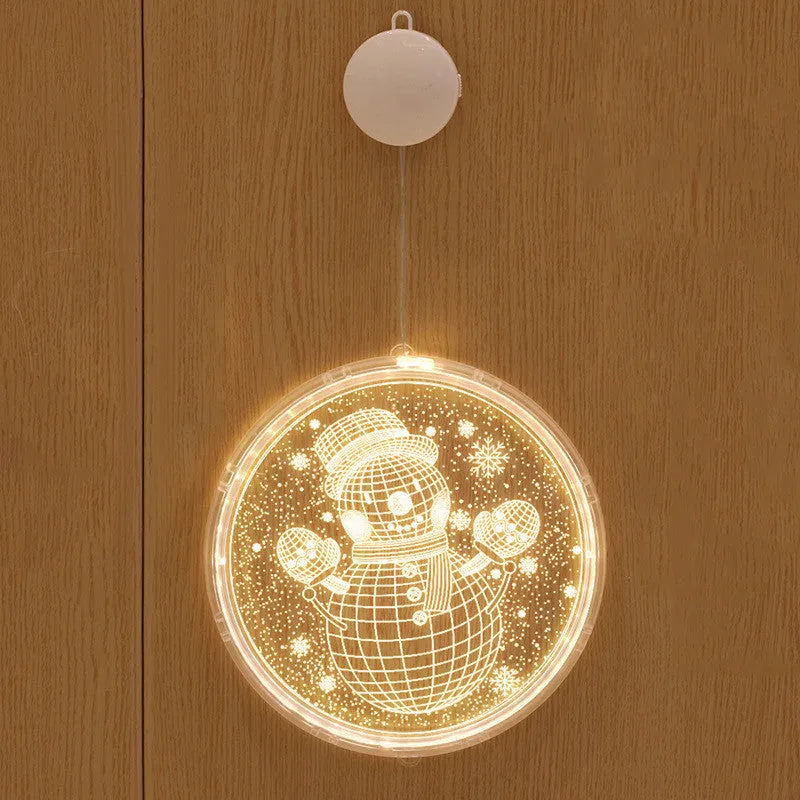Christmas LED small decorative lantern in snowflake style, plastic shell, 16cm size, on a wooden shelf