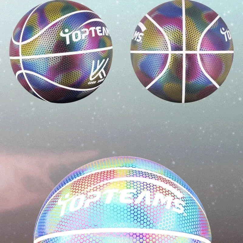 Holographic reflective size 7 PU basketball in White Moonlight colour on court