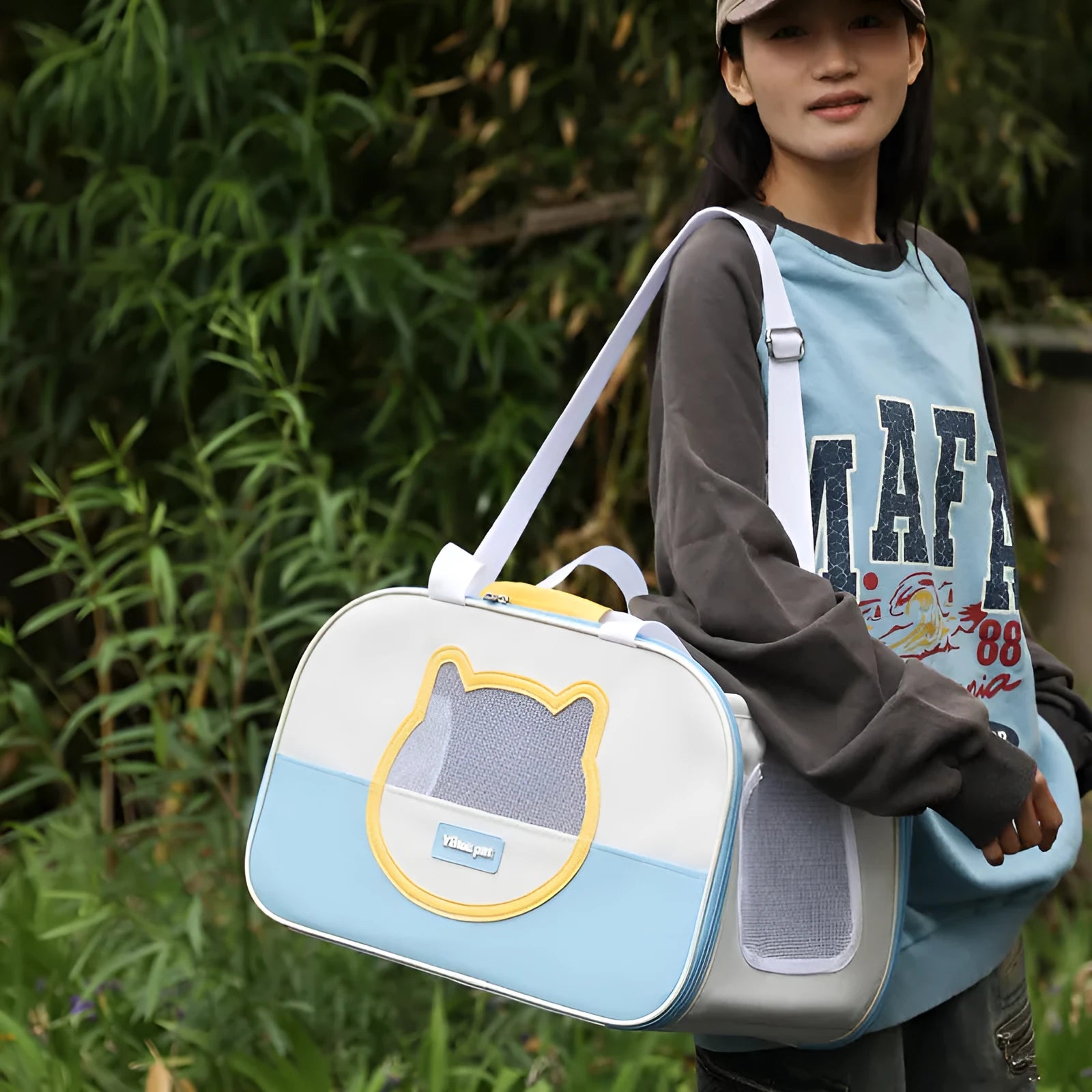 Blue foldable outdoor cat school backpack made from Oxford cloth for pet transport