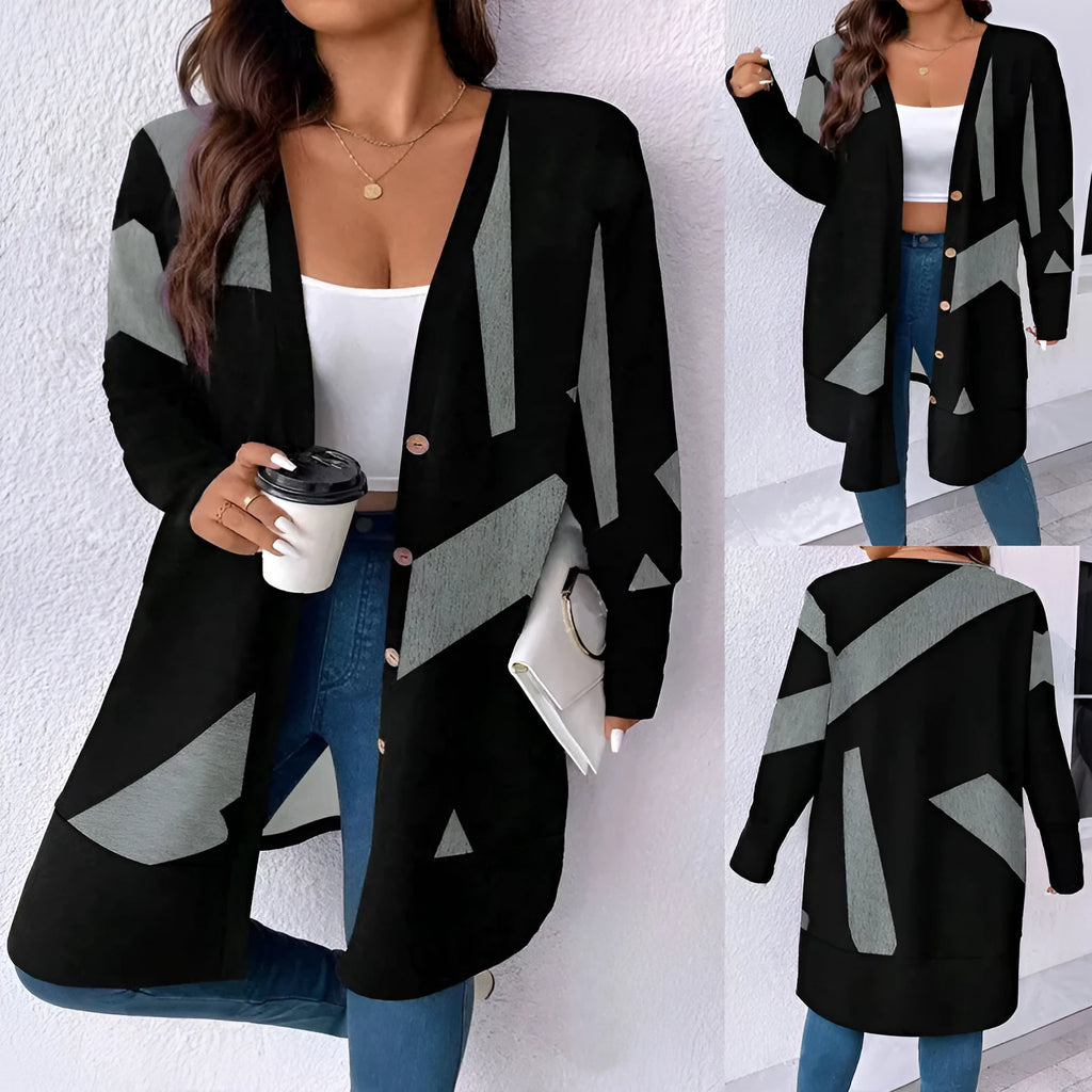 Black loose fit plus size cardigan coat with button stitching and regular sleeves
