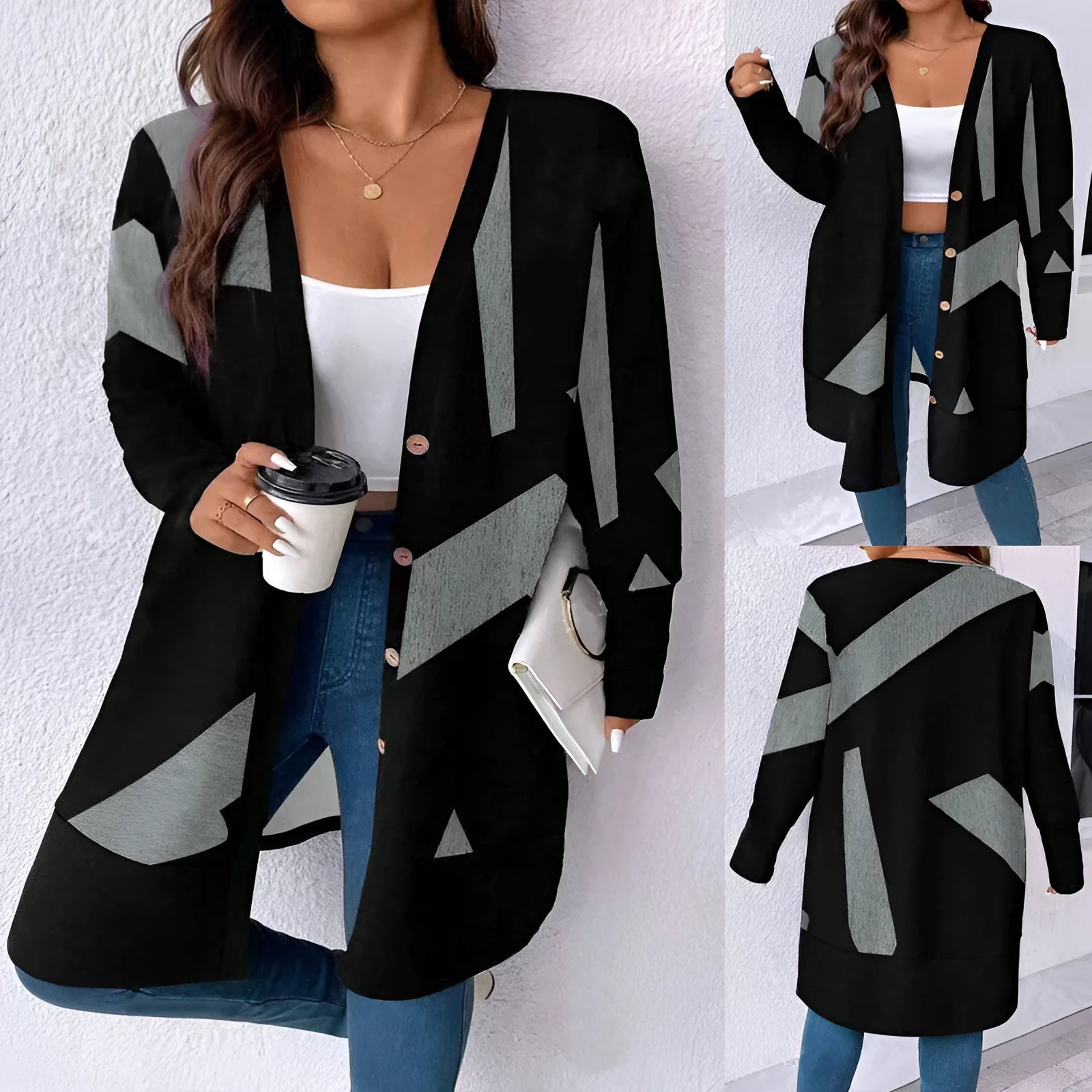Black loose fit plus size cardigan coat with button stitching and regular sleeves