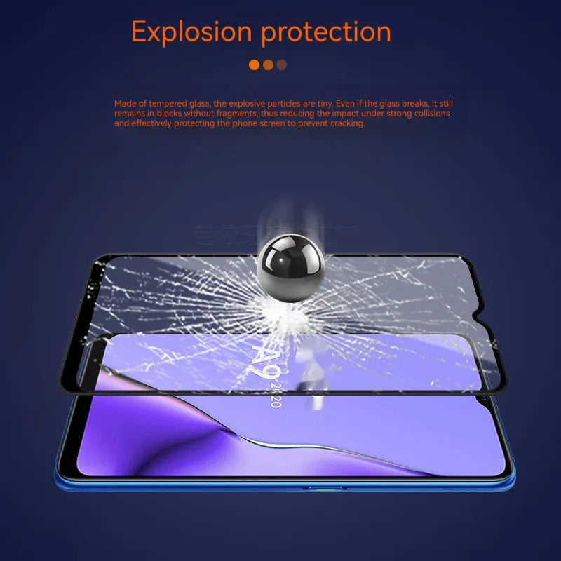Full glue black tempered glass screen protector for OPPO A9 2020 smartphone.