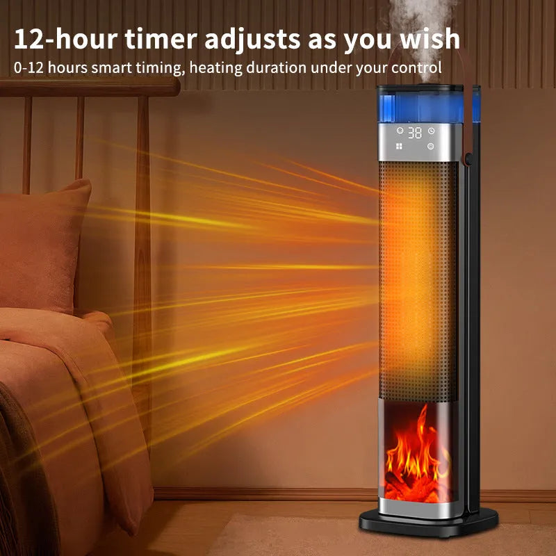 Slim vertical ceramic heater with humidifier function and remote control on a table.