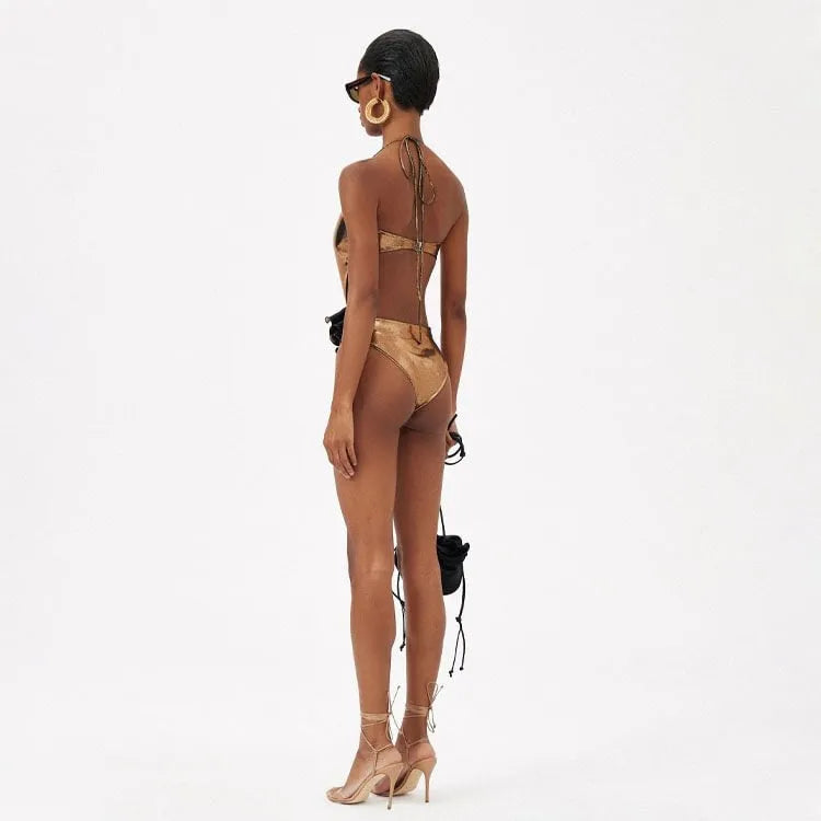 Gold handmade flower halter hollow out one-piece swimsuit for swimming and wading sports