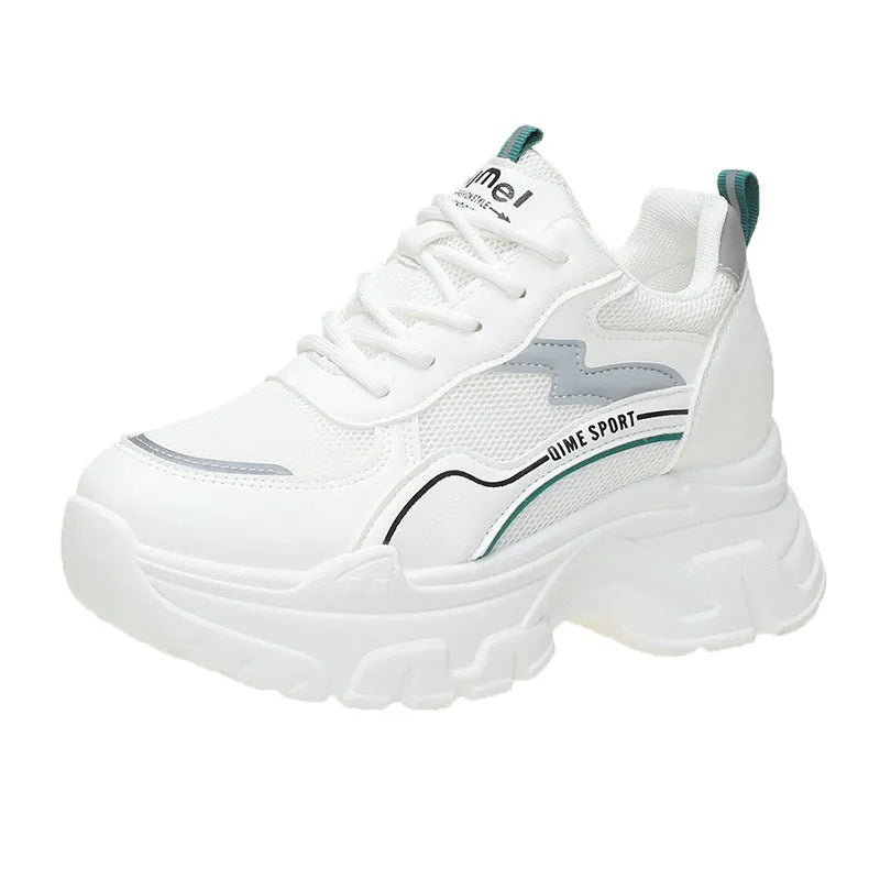 Women's white breathable dad shoes with lace-up front and cross shoulder straps on a rubber sole.