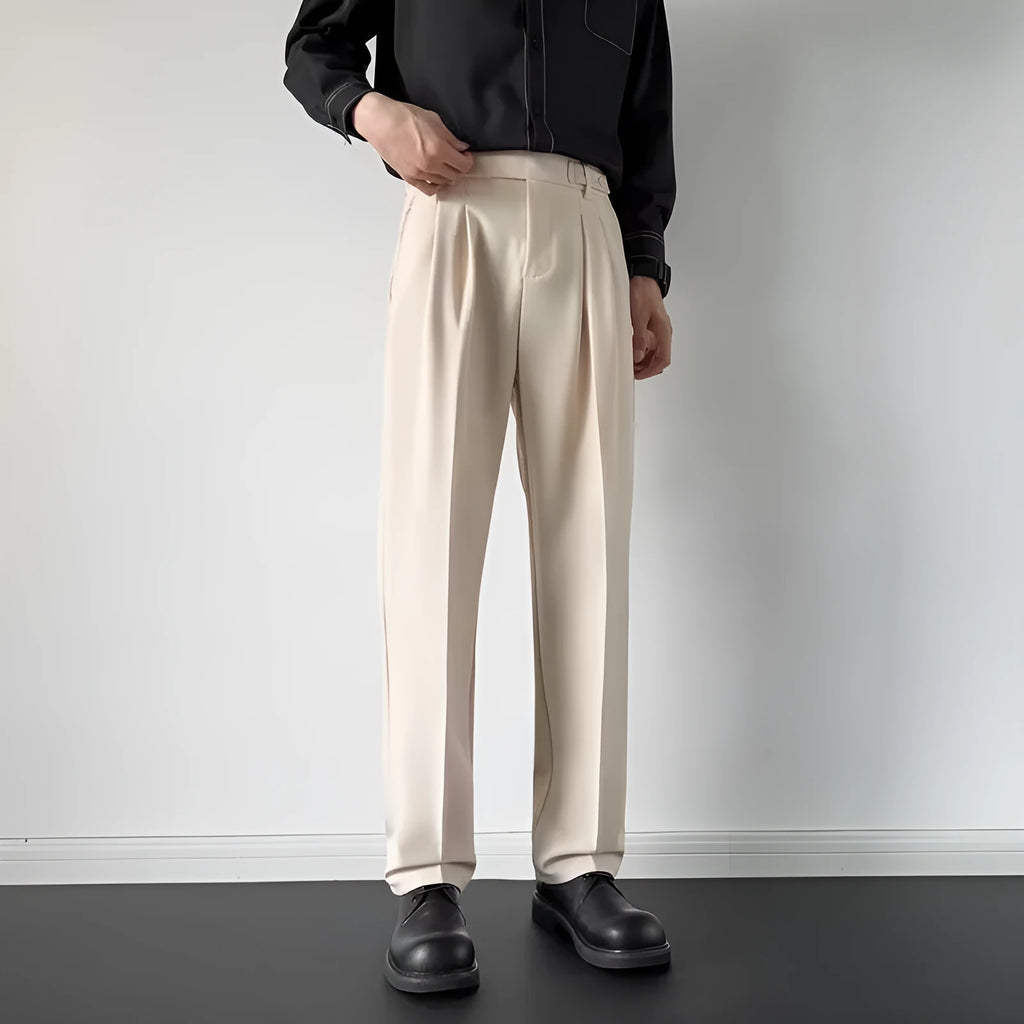 Men's straight leg loose fit suit trousers in apricot and black colours with polyester fabric