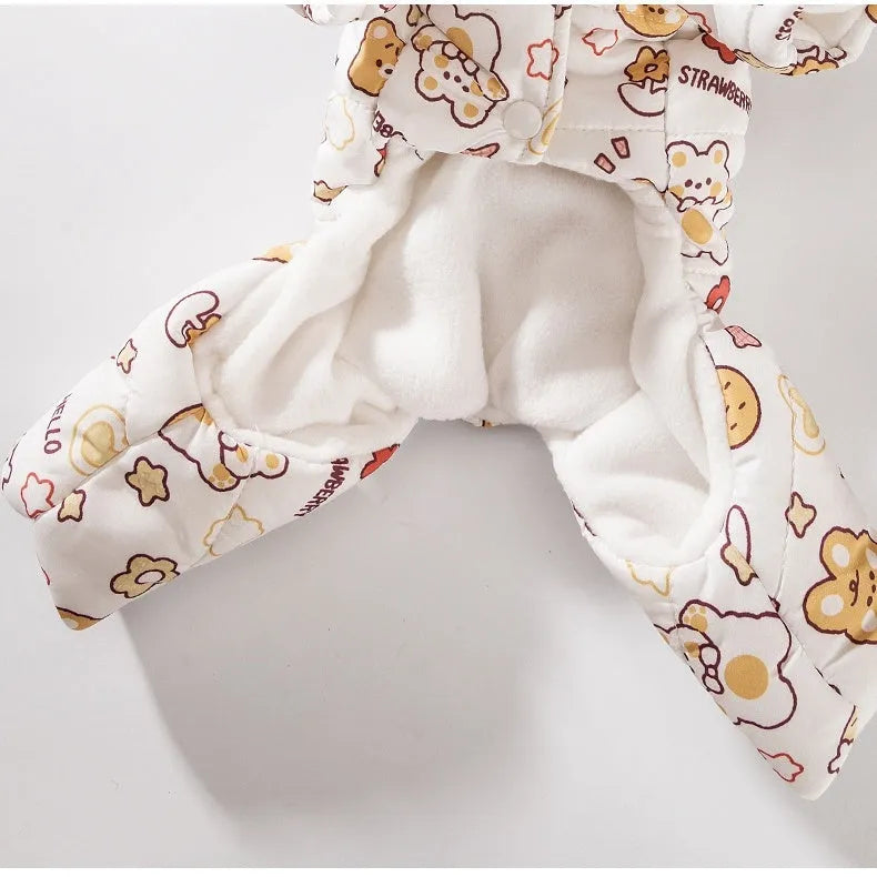 Yellow quilted cotton four-legged dog coat with sherpa hood and animal prints on a small dog