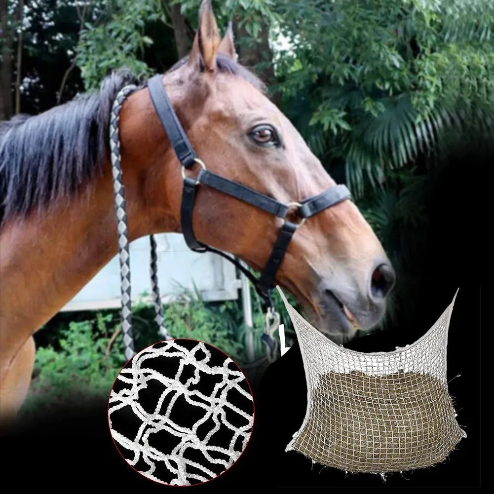 Woven PE rope horse feeding bag hanging with grid design in black colour