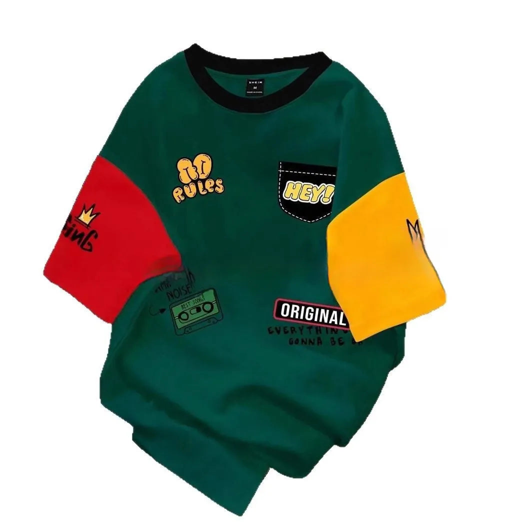 Men's loose fit casual T-shirt with a digitally printed letter pattern on the front.