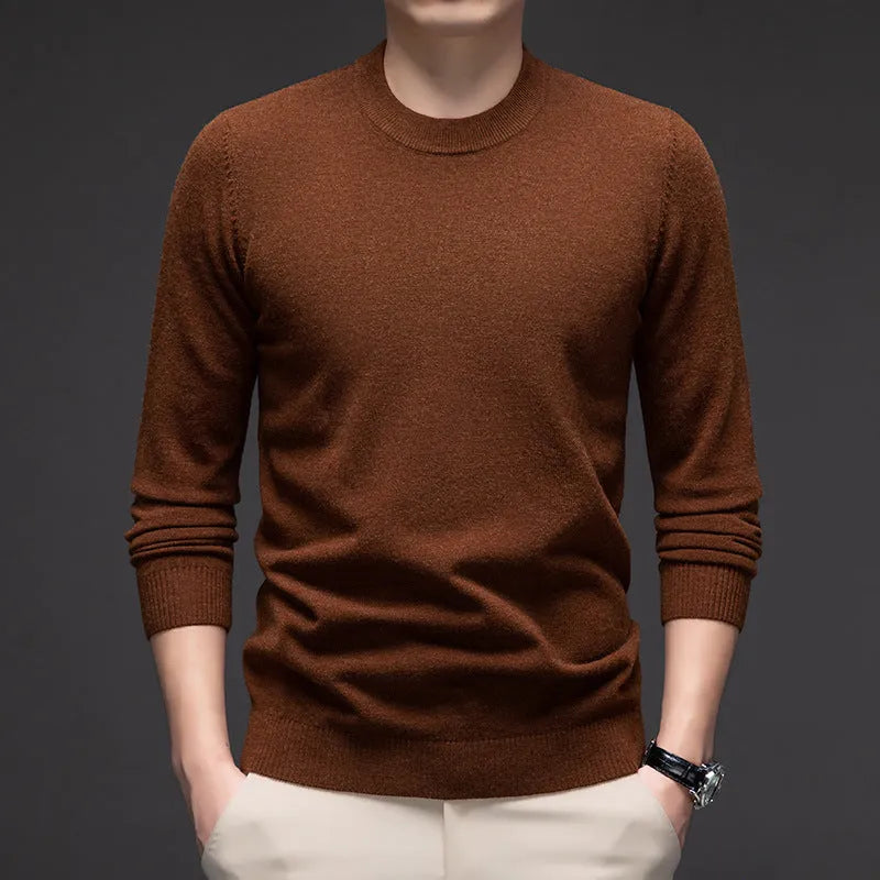 Men's round neck long sleeve acrylic blend sweater in brick red, loose fit, sizes M to 4XL