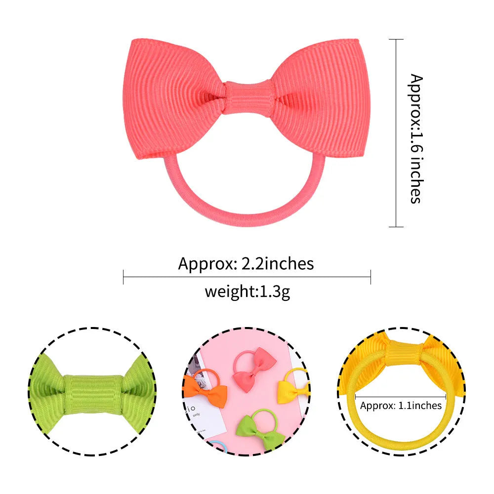 80 piece set of tiny hair ties with grosgrain ribbon bows in 40 colour pairs, size approx 2 inches, on a white background