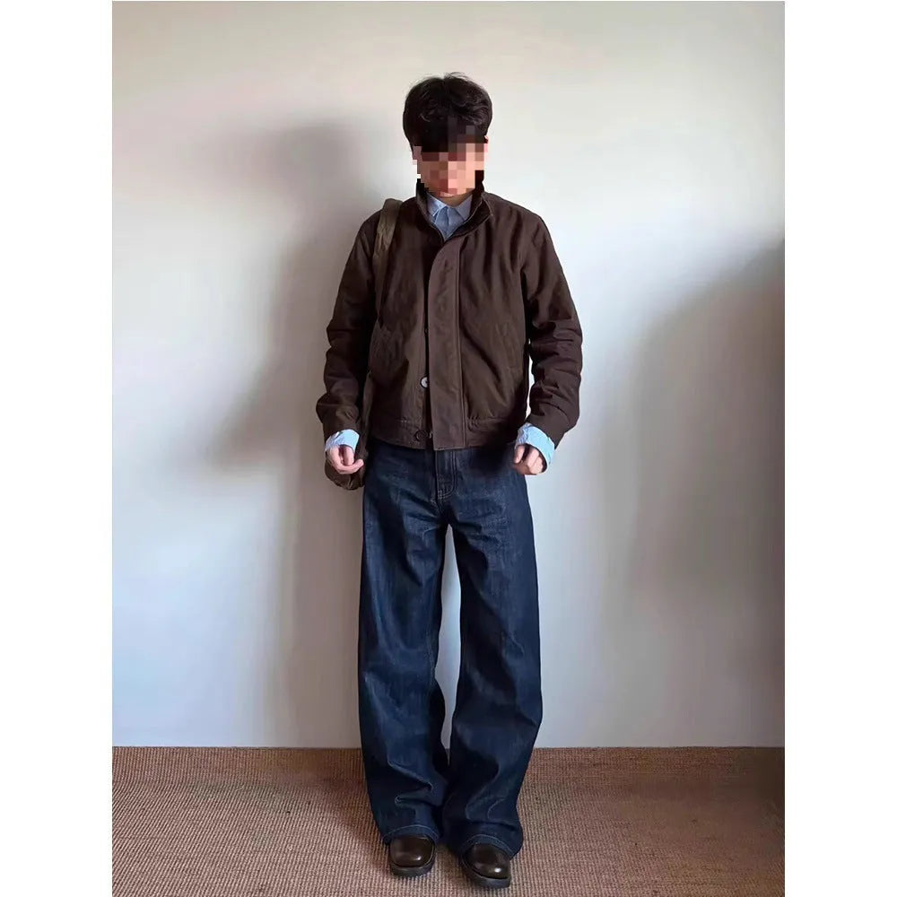 Men's loose straight-leg wide-leg dark blue jeans with mid-waist zip fly, polyester blend, sizes S to 3XL