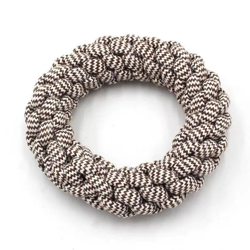 Cotton thread braided ring knot toy for pets, showing woven 18cm circle.