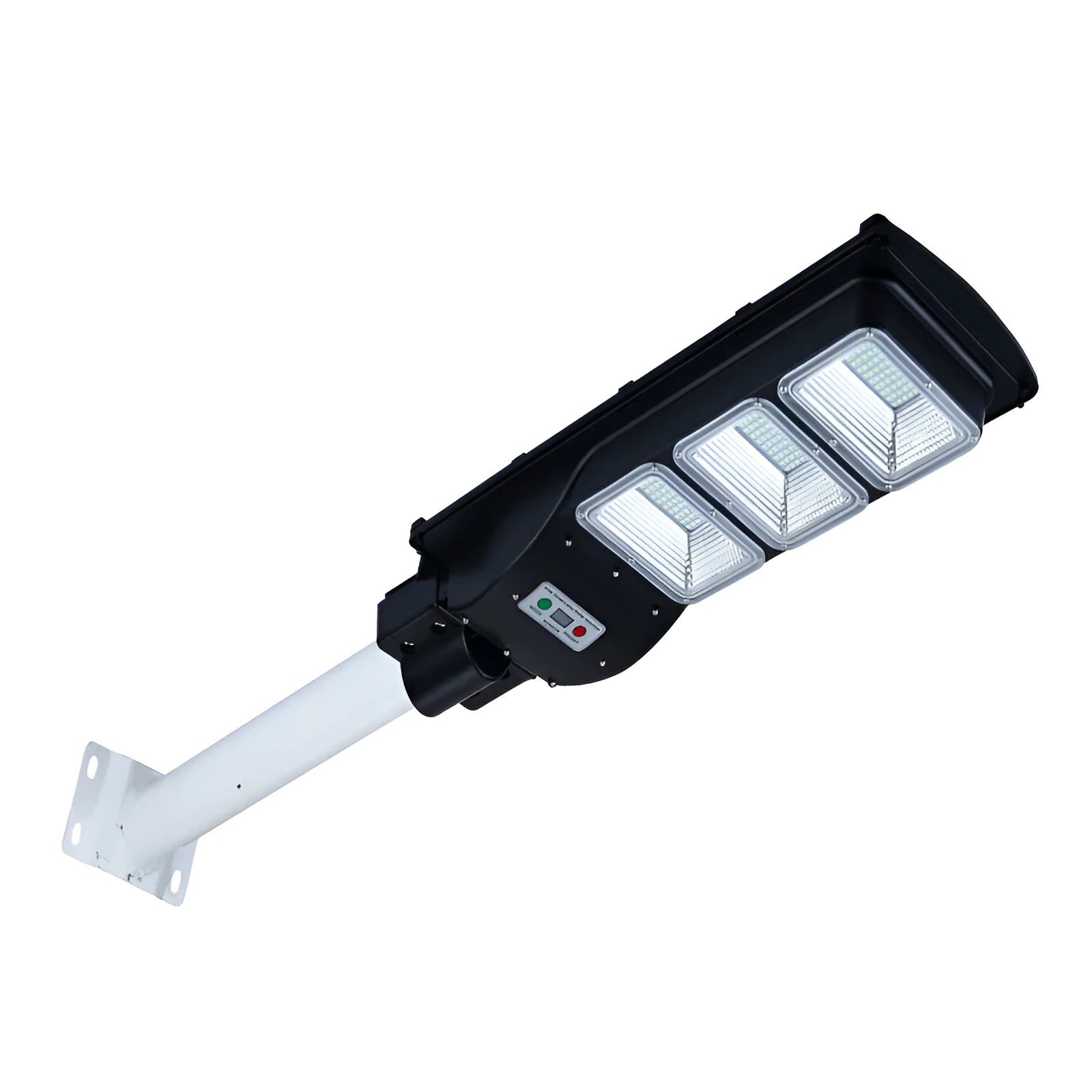 Integrated solar-powered 60W LED street light with remote control for outdoor use.