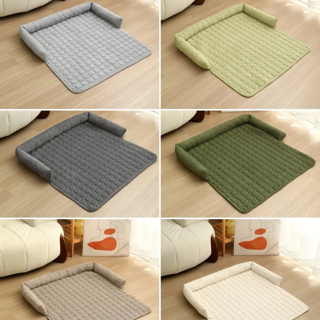 Corduroy pet dog cat bed blanket mat with neck pillow thick soft pad in beige color on a sofa