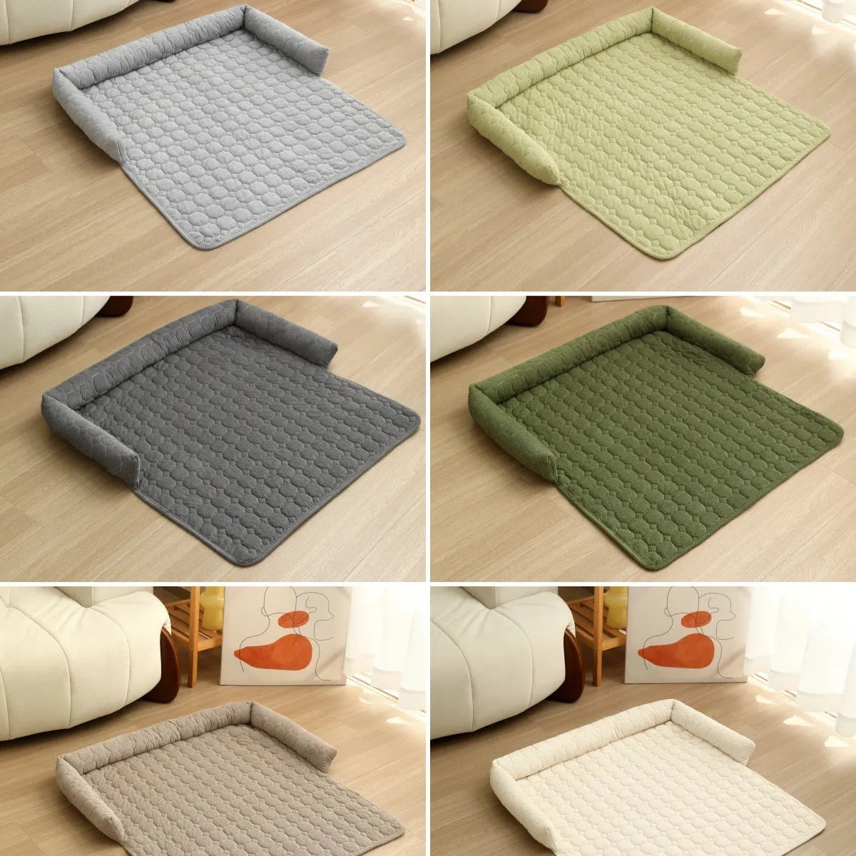 Corduroy pet dog cat bed blanket mat with neck pillow thick soft pad in beige color on a sofa