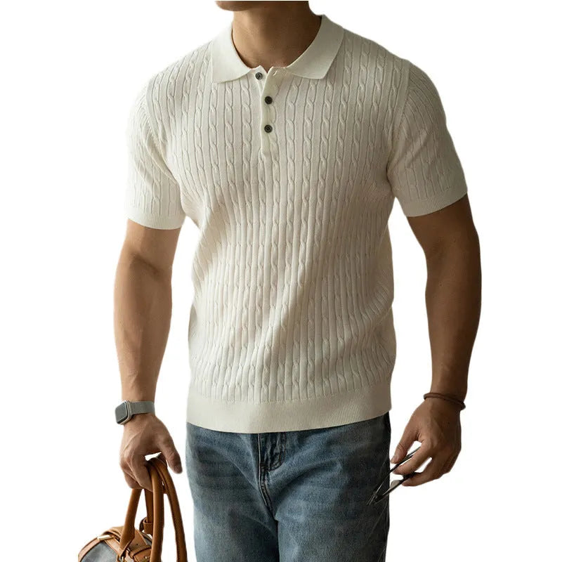 Men's khaki short sleeve business top on a hanger, showing the collar and button placket.