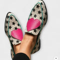 White women's low-heel pointed-toe shoes with heart and star trim, PU upper, rubber sole, sizes 34-43