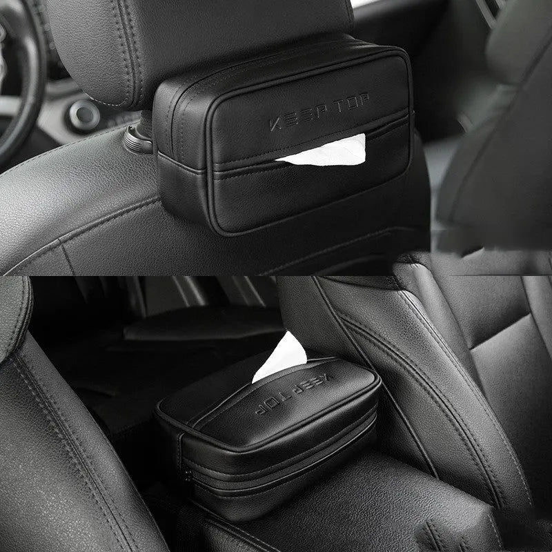 Black leather hanging storage organiser bag with strap for car or home use