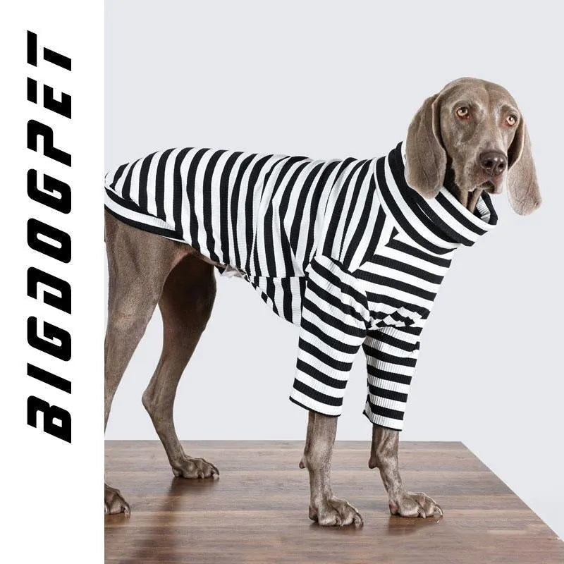 Black and white thin polyester dog coat for large breeds showing size range from M to XXXL