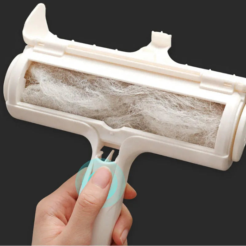 White reusable pet hair remover roller for beds, sofas and car seats, with waste compartment