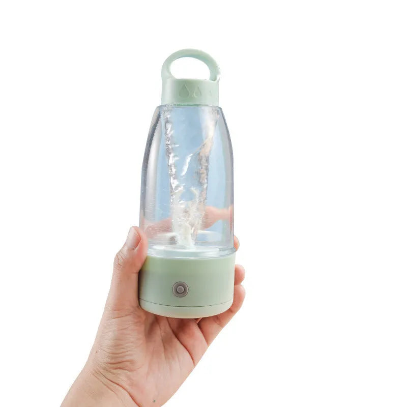 Automatic electric shaker bottle with USB charging port and handle in green, pink or white.