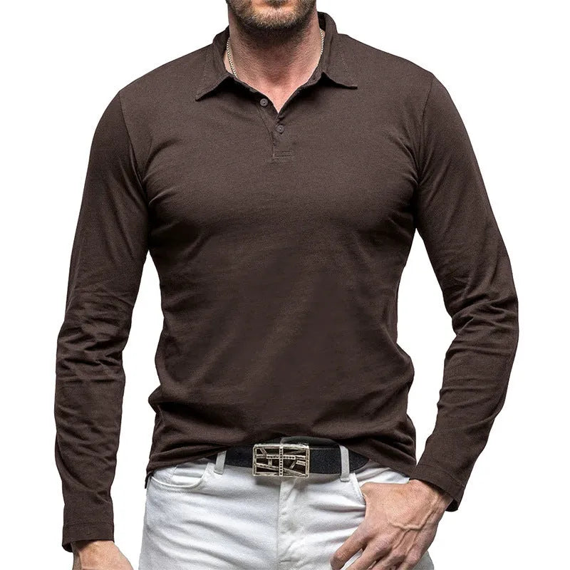 Men's long sleeve polo collar T-shirt in cotton, American retro style, shown in dark grey.