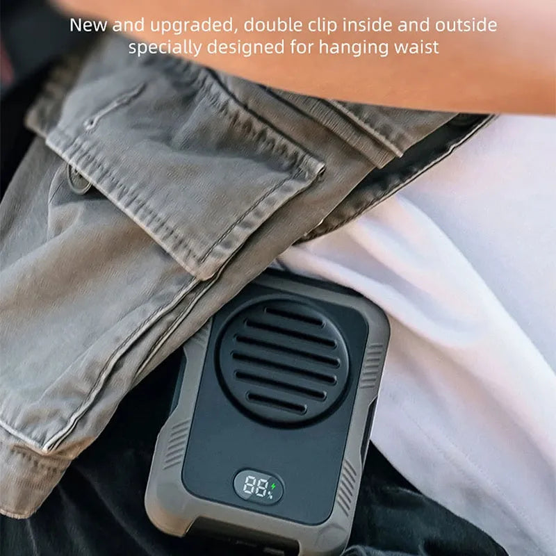Green leaf-less waist hanging fan with USB charging port for outdoor sports