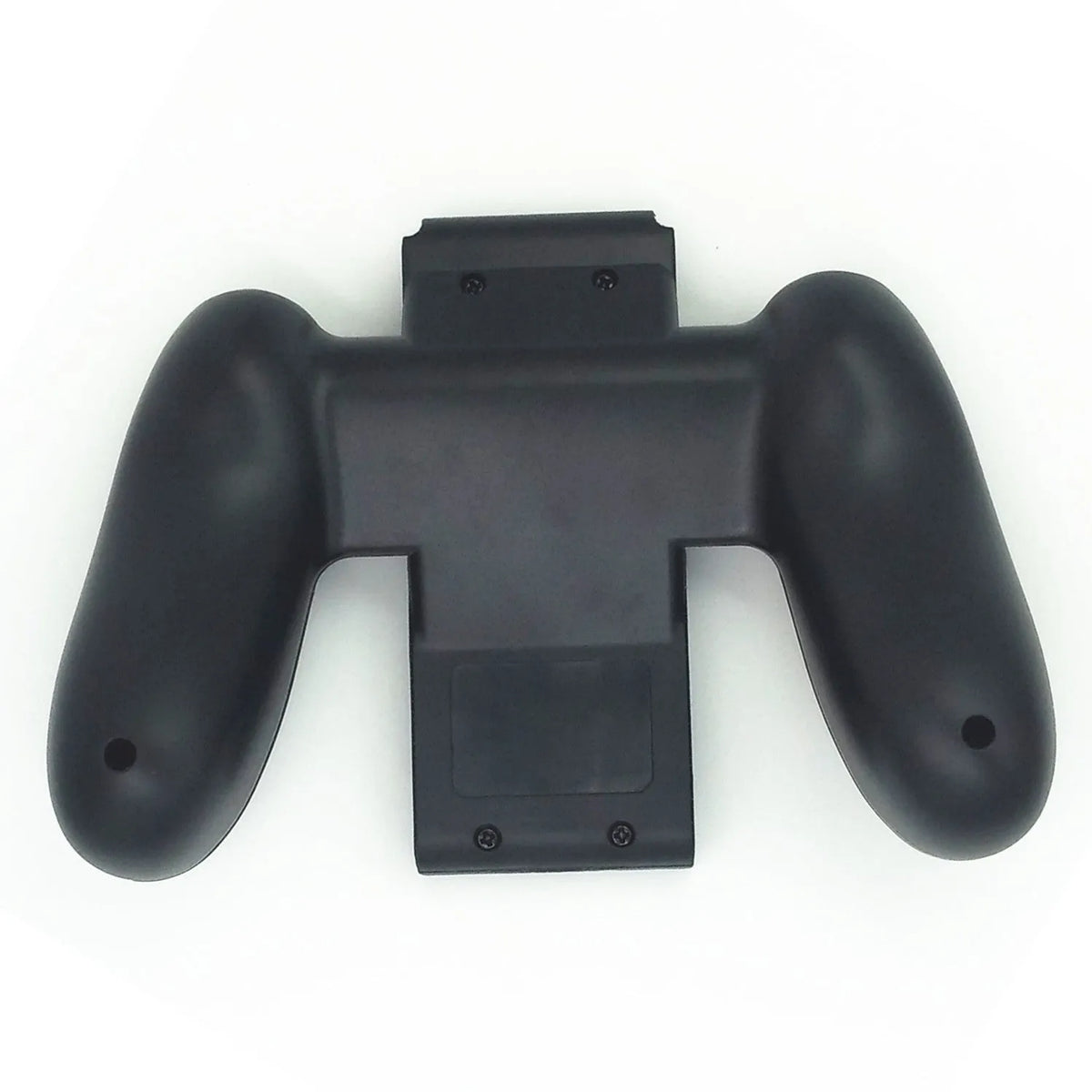 Black Nintendo Switch Joy-Con handle grip made from ABS plastic, shown with two Joy-Cons attached and a bracket on the bottom
