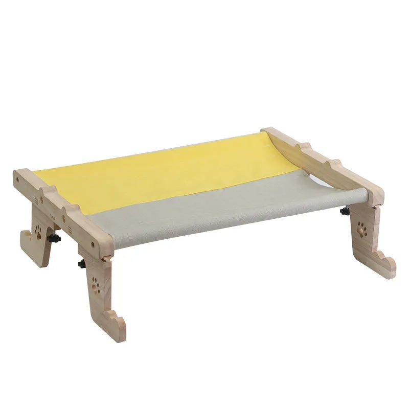 Wooden cat hanging bed mounted on window with suction cups, hammock-style pet sleeping area