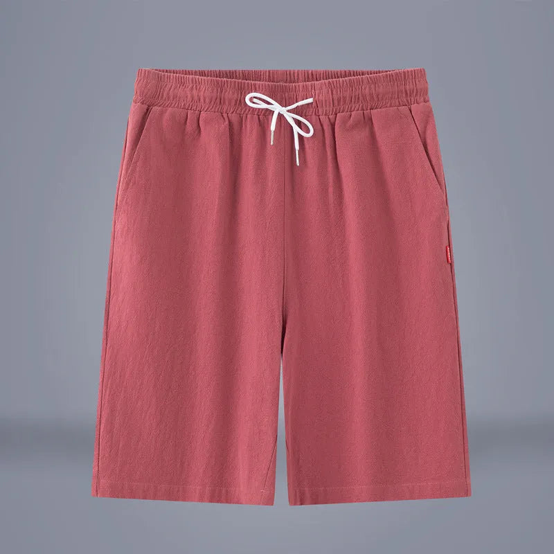 Solid colour cotton linen cropped trousers in Chinese style with drawstring waist