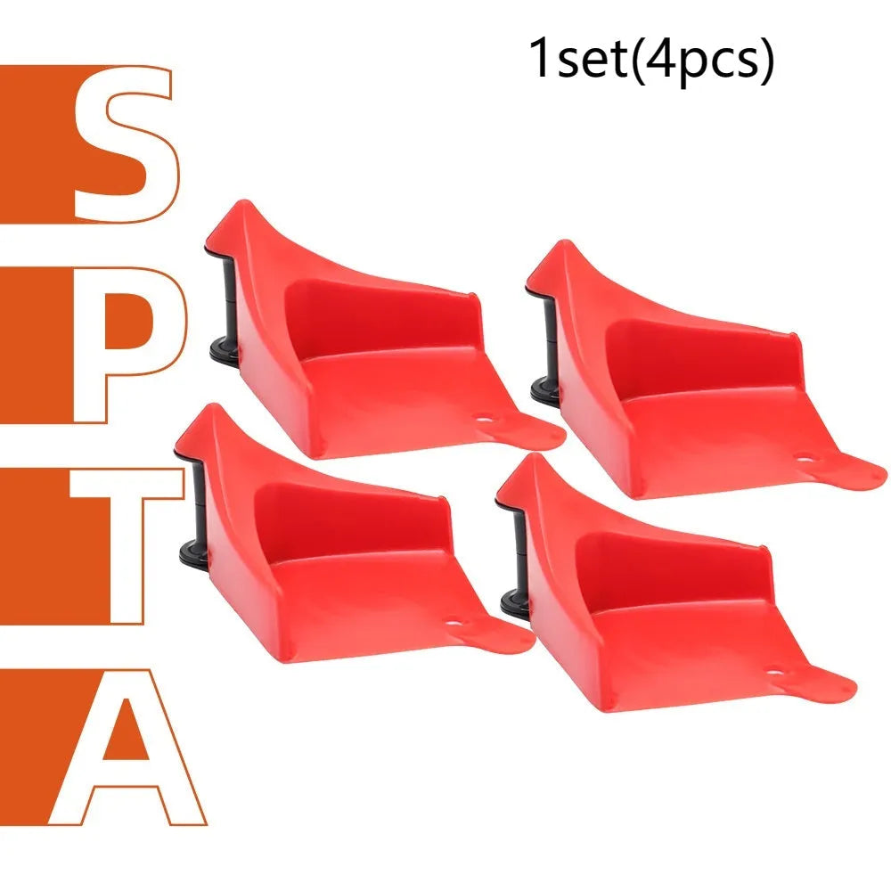 Red plastic triangle car parking blocks with rubber non-slip brackets, set of four