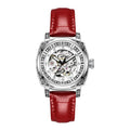 Men's mechanical watch with luminous hands and a leather strap, shown in multiple colour options.