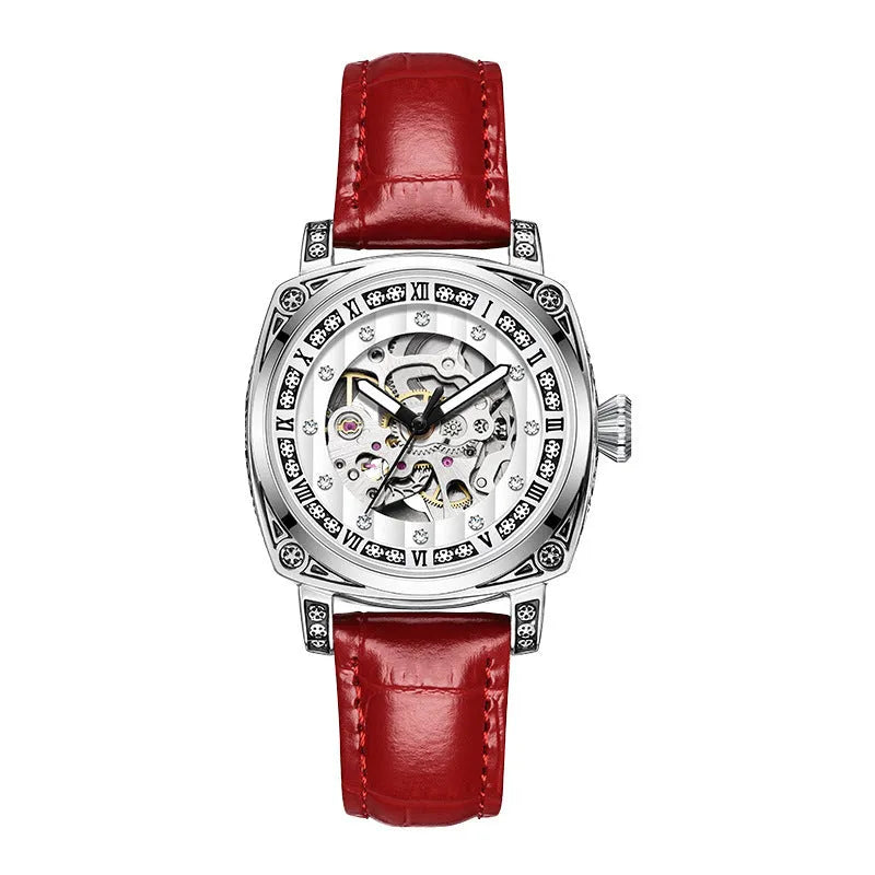Men's mechanical watch with luminous hands and a leather strap, shown in multiple colour options.