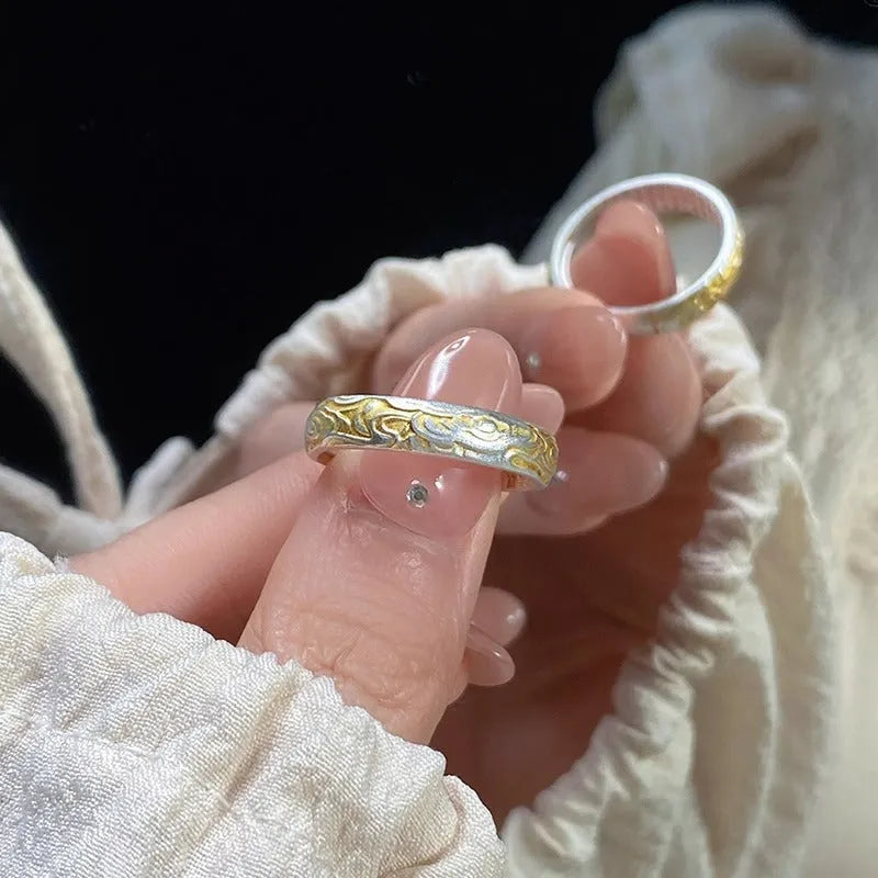 Adjustable open mouth geometric ring with Xiangyun pattern and silver-gold electroplated finish