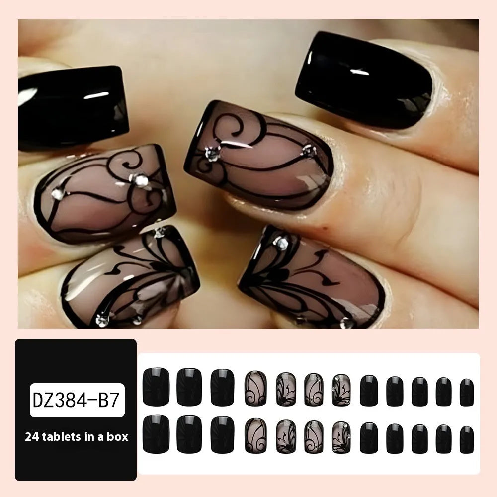 Black vine wearable nails with jelly glue, ultra-thin seamless finish, plaid pattern, one box set