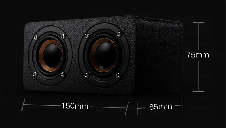 Wooden Bluetooth speaker with 8-inch subwoofer, graffiti colour, dual speakers, and compact dimensions 150x85x76mm