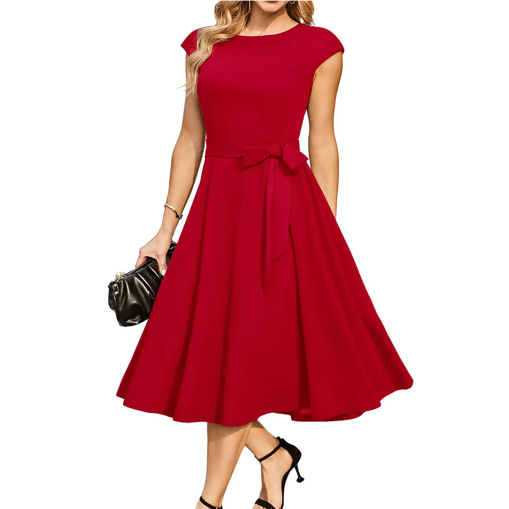 Black sleeveless mid-length dress with lace-up waist detailing and oversized swing skirt