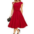 Black sleeveless mid-length dress with lace-up waist detailing and oversized swing skirt