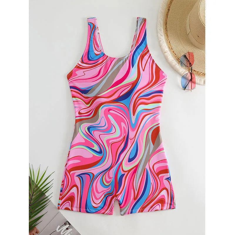 Women's printed high-waisted backless one-piece swimsuit in a polyester fabric.